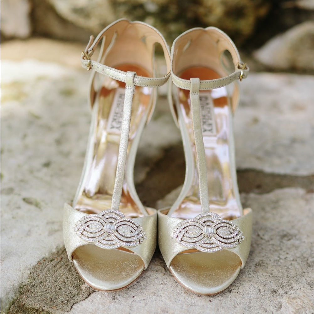 Badgley Mischka Nedra T-Strap Wedge Platino Suede